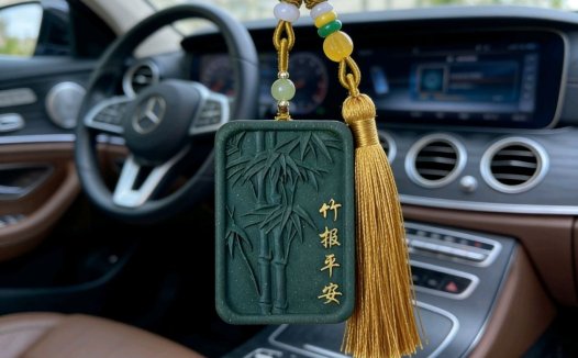 茉莉青竹墨绿香牌配黄流苏挂件