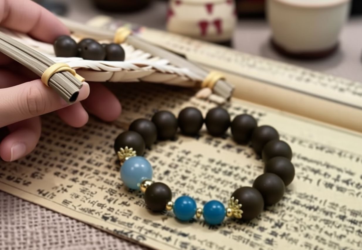 龙井绿茶间蓝色圆珠手链