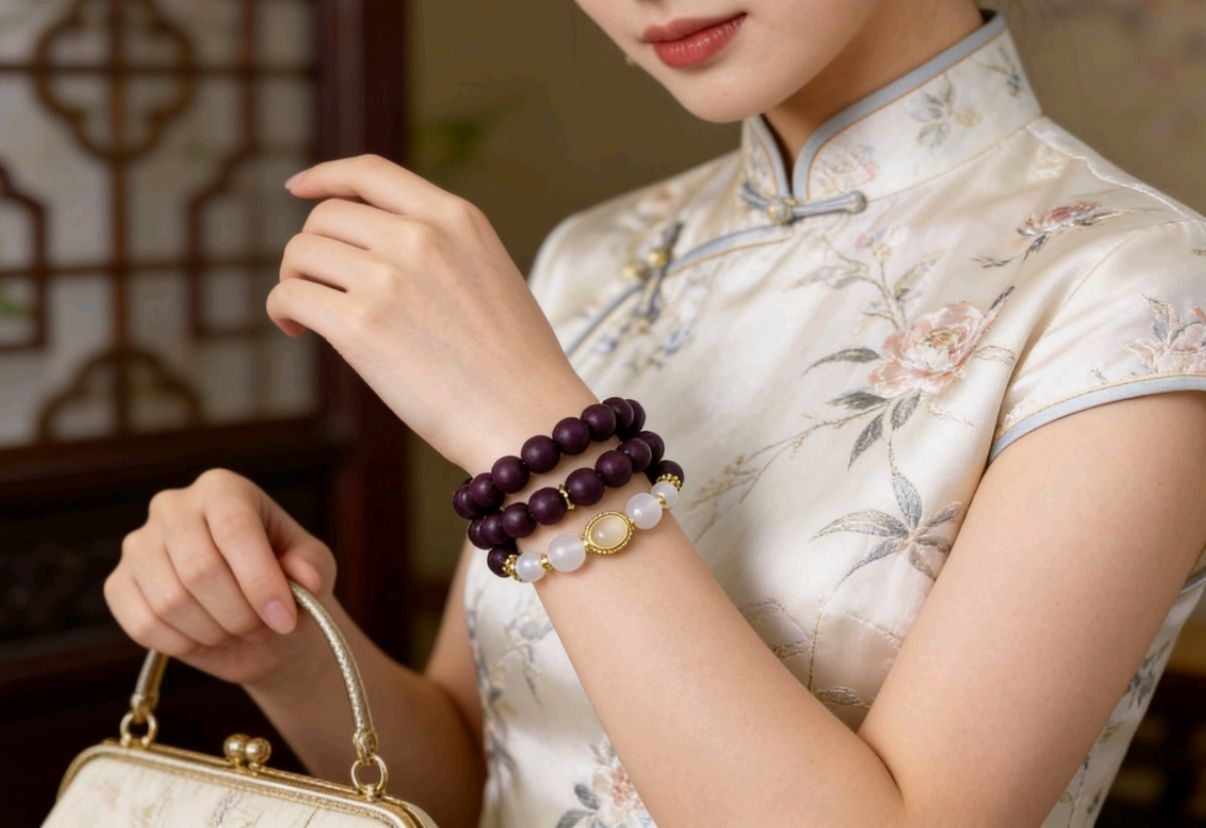 墨红玫瑰衬冰玉长手链