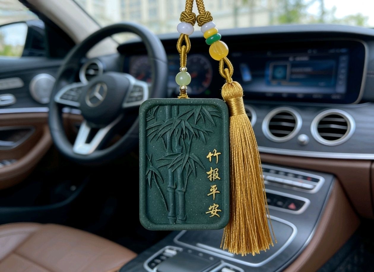 茉莉青竹墨绿香牌配黄流苏挂件